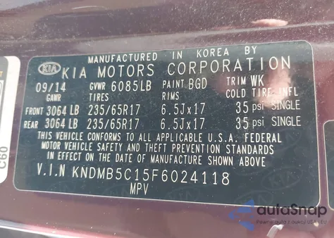 2015 Kia Sedona Lx from USA, damaged, VIN KNDMB5C15F6024118